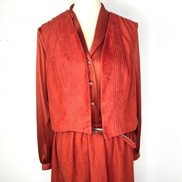 VINTAGE 1970s Sunshine Alley Secretary Dress Rust Orange Midi Matching Vest Vtg - Picture 7 of 13